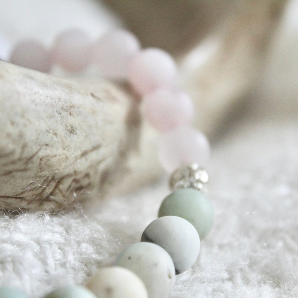 Frosted Rose Quartz Amazonite Gemstone Silver Lava Bead Mala Chakra Balancing En - Picture 2 of 3